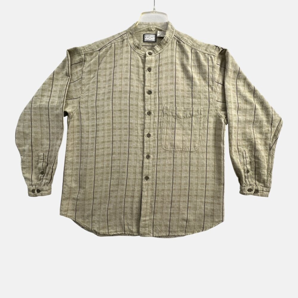 Vintage Windsor Shirt Button Up Mens XL Tan Band Collar Tan Stripe Long Sleeve